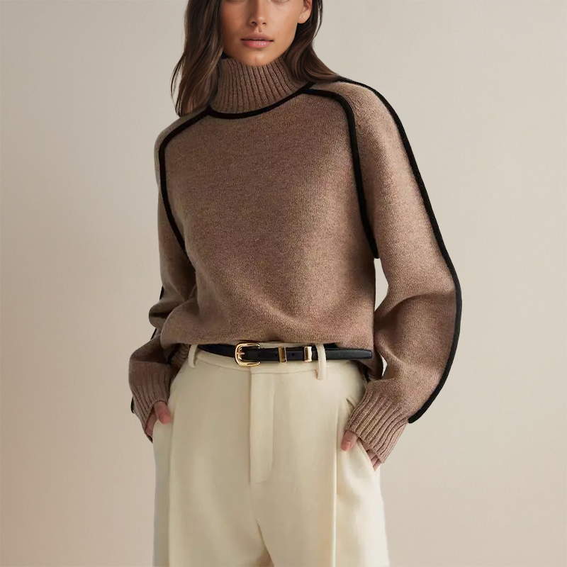 Céline™ Pull Col Roulé Luxueux aux Détails Contrastés