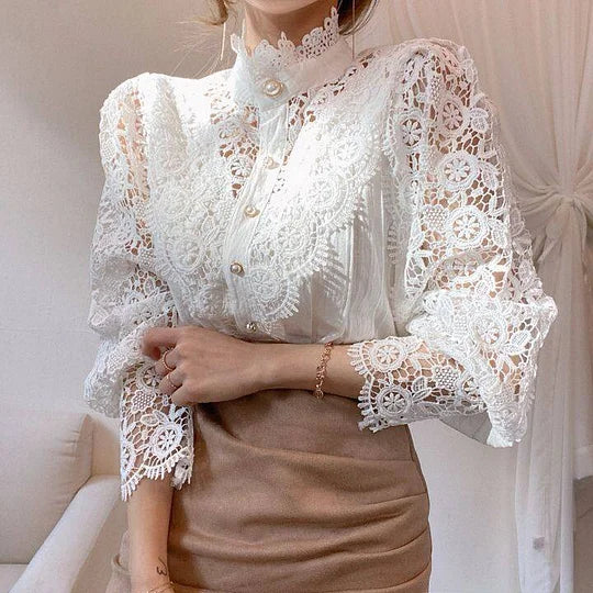 Clara™ Chemise Manches Longues avec Détails en Dentelle