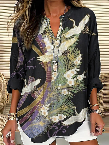 Lilou™ Élégante Blouse à Imprimé Grues