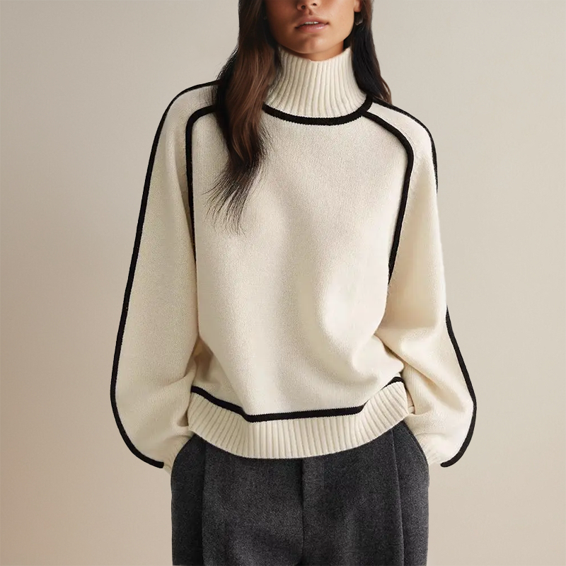 Céline™ Pull Col Roulé Luxueux aux Détails Contrastés