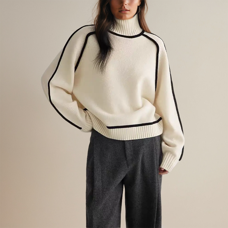 Céline™ Pull Col Roulé Luxueux aux Détails Contrastés